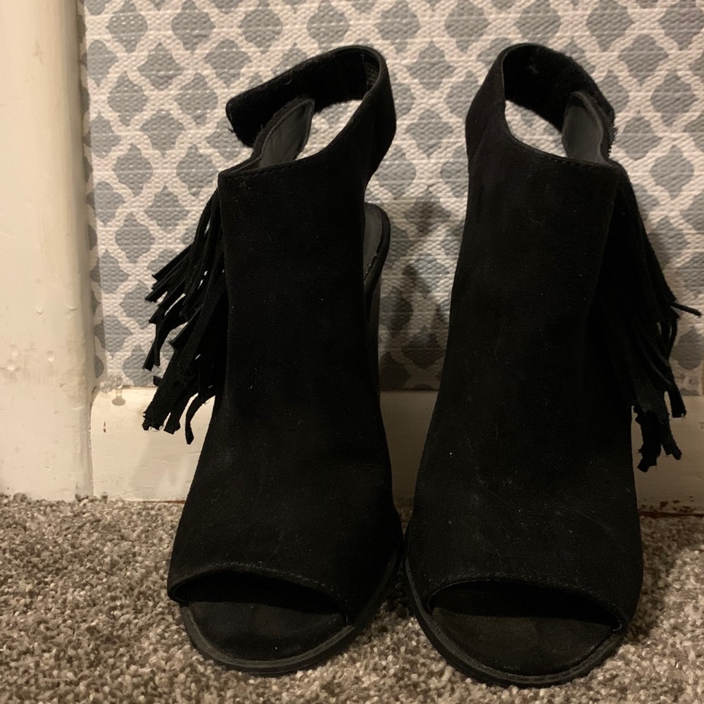 EXPRESS Peep Toe Fringe Block Heels